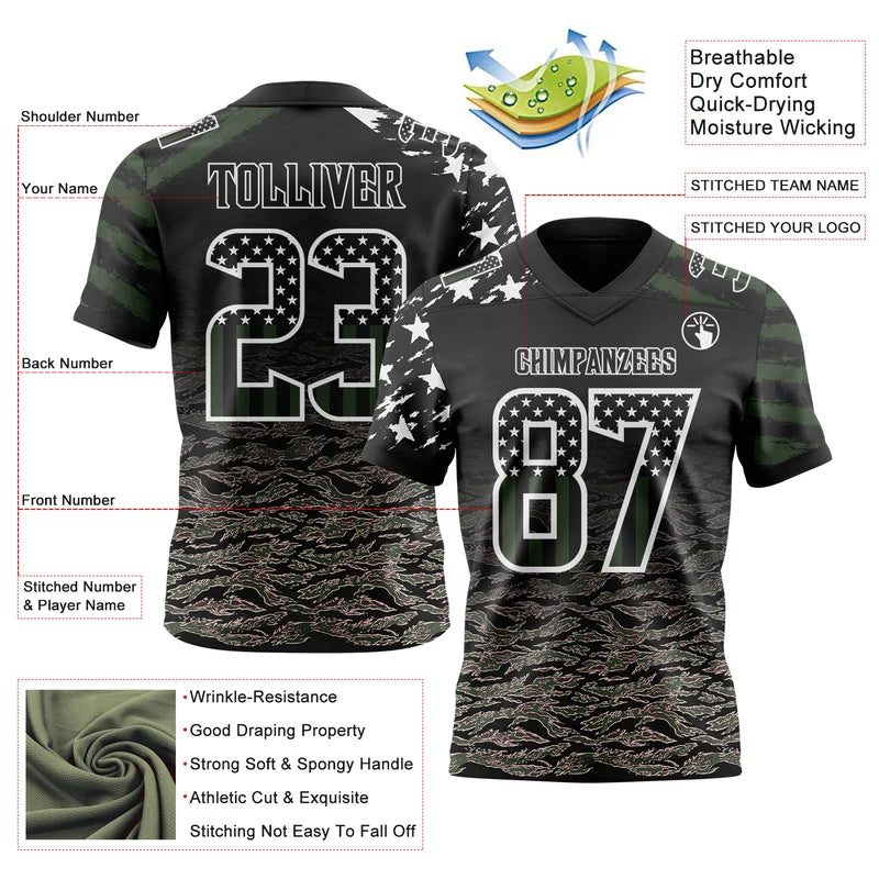 Custom Black USA Flag Camo-White Stripes Raglan Sleeves Football Jersey