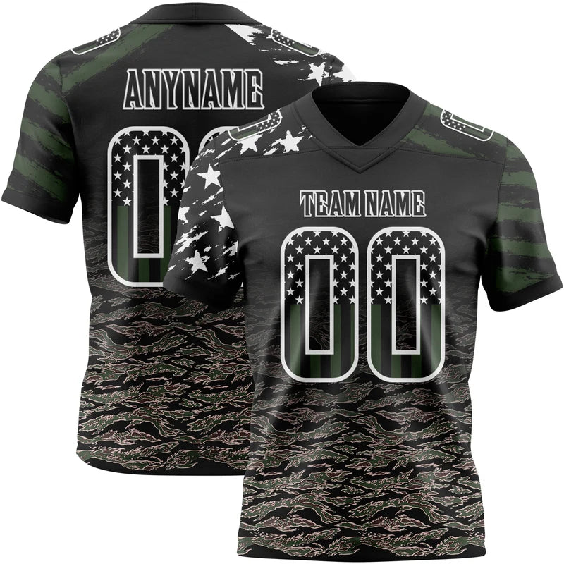 Custom Black USA Flag Camo-White Stripes Raglan Sleeves Football Jersey