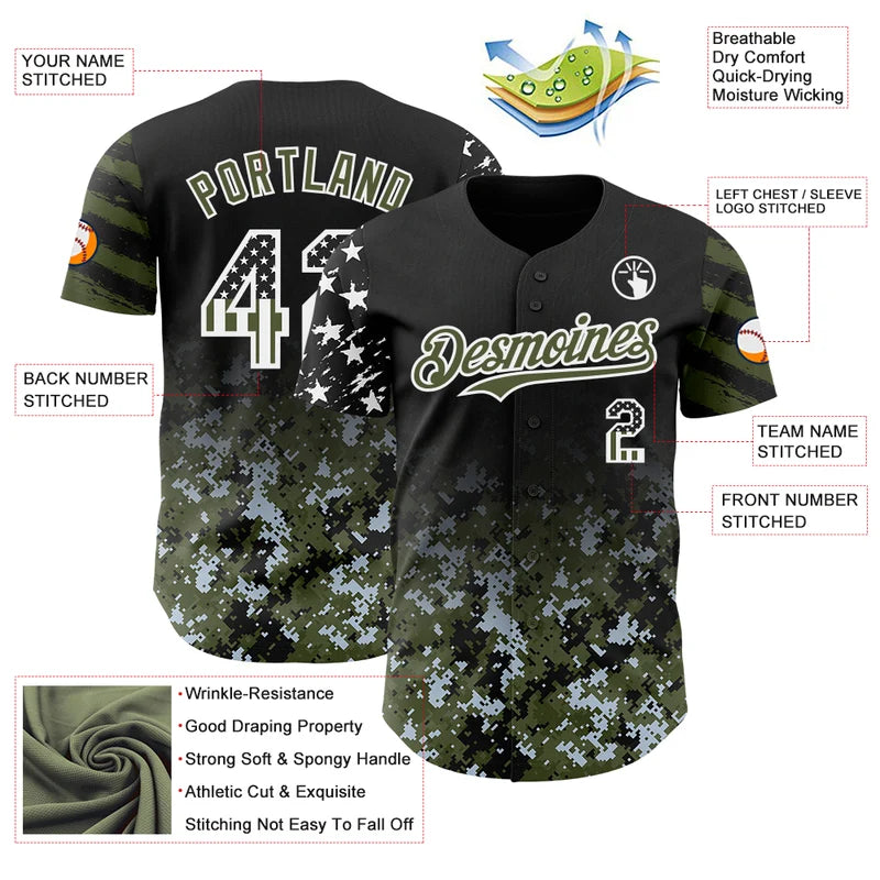 Camo White-Olive Gradient Digital Camouflage Stars  Stripes Two Tone Authentic Baseball Jersey