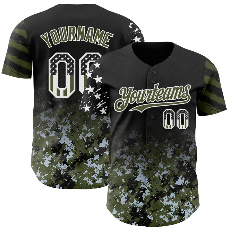 Camo White-Olive Gradient Digital Camouflage Stars  Stripes Two Tone Authentic Baseball Jersey