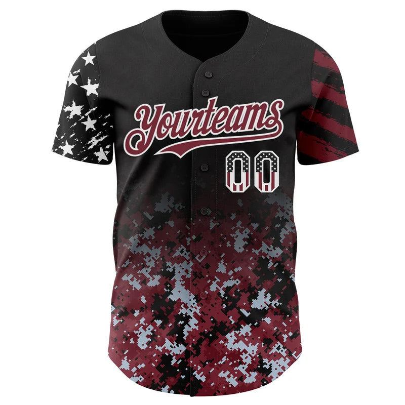Camo White-Burgundy Gradient Digital Camouflage Stars Baseball Jersey