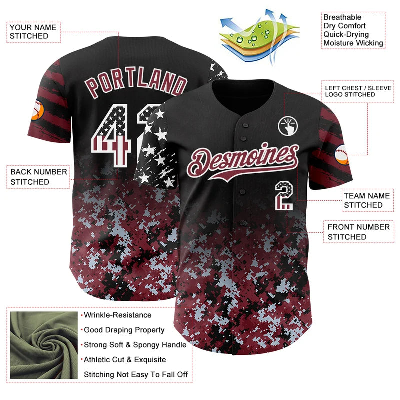Camo White-Burgundy Gradient Digital Camouflage Stars Baseball Jersey