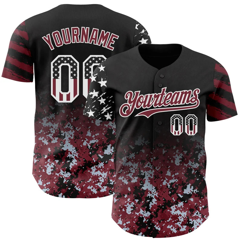 Camo White-Burgundy Gradient Digital Camouflage Stars Baseball Jersey