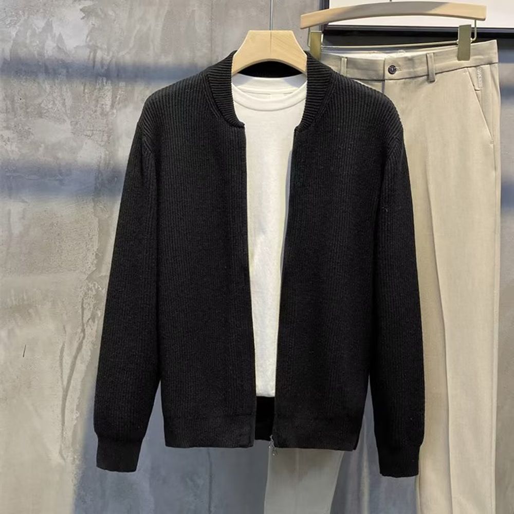 Men's Double-zipper Design Cardigan Solid Color Sweater