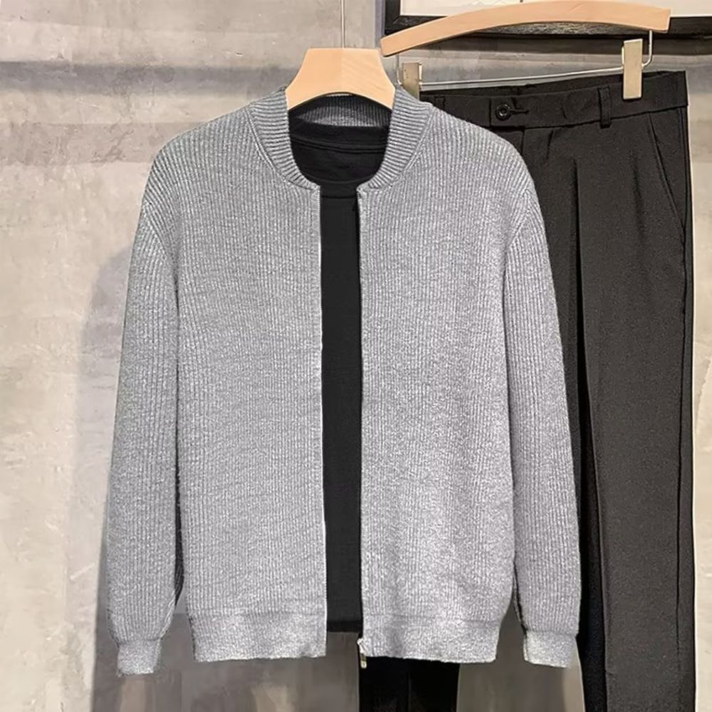 Men's Double-zipper Design Cardigan Solid Color Sweater