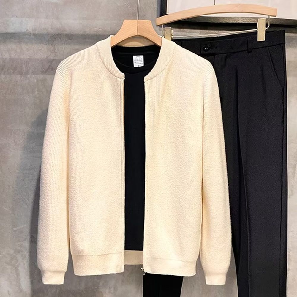 Men's Double-zipper Design Cardigan Solid Color Sweater